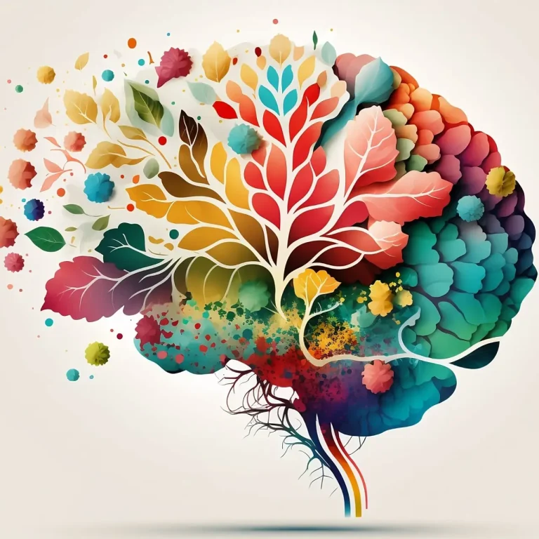 Colorful plants human brain. Mental health concept. Leaves on white paper background, modern drawn. Image is AI generated. Template design elements. Blossom, botanical art