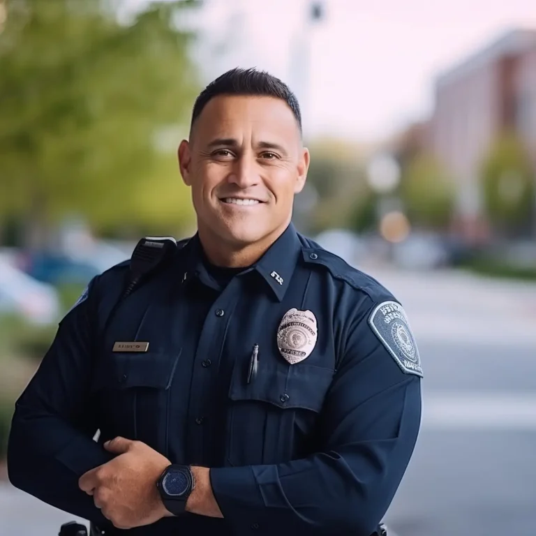 Portrait of young Hispanic male police officer smiling at camera while standing outdoors