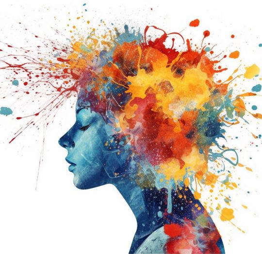 Mental health and creative abstract concept. Colorful illustration of happy womale head  in paint splatter style. Mindfulness and self care idea. White background. Copy space. Generative AI.